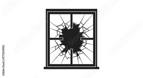 Dark silhouette of a broken window with a large jagged hole in the glass representing damage and destruction silhouette