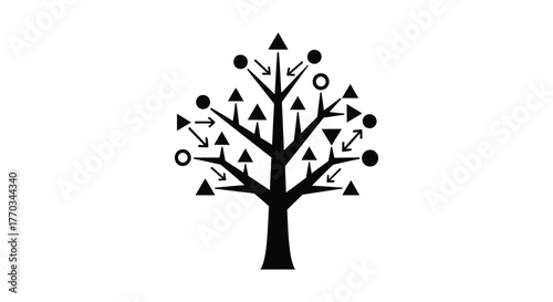 Abstract stylized tree silhouette with geometric shapes and arrows representing growth and connections