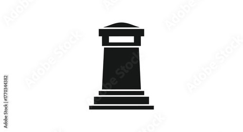 A simple black silhouette of a tall rectangular chimney with a decorative cap against a white background