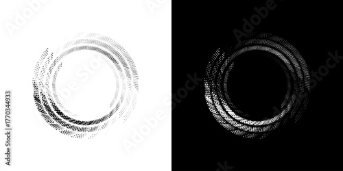 Dynamic abstract spiral sound wave rhythm lines. Circular spiral sound wave rhythm of lines. Circular futuristic abstract lines, black and white background.