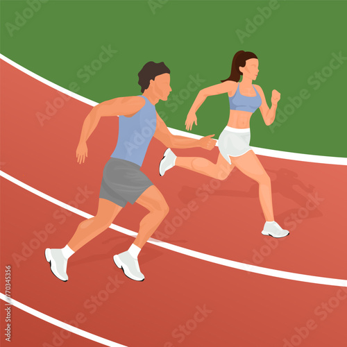 Athletes running relay race on track competition