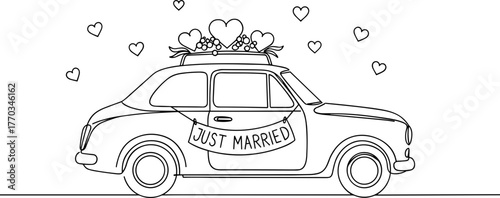 Vintage wedding car with hearts and just married sign in line vector style, transparent background  