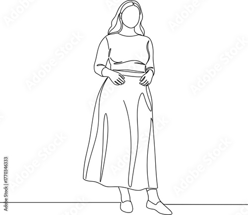 Line drawing of a woman standing in a flowy skirt with relaxed pose  