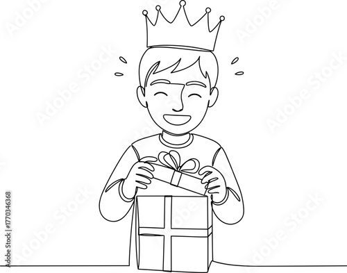 Happy boy unwrapping gift with crown in line vector style, transparent background  