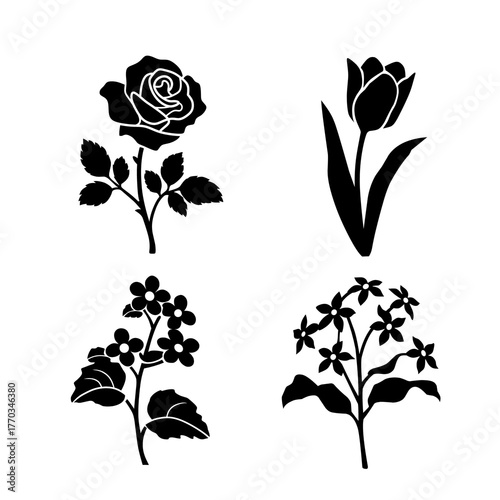 Floral vector set Rose Tulip Forget-me-not and other flowers black