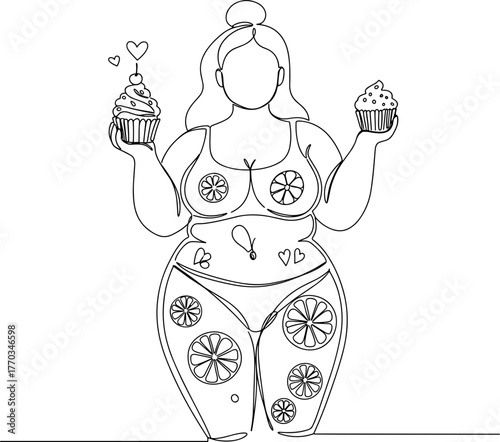 Plus-size woman holding cupcakes with fruit patterns in line vector style, transparent background  