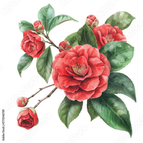 Red Camellia Blossoms Watercolor Art Floral Illustration Botanical Painting Detailed Flower Art