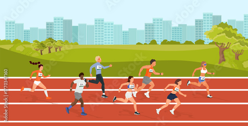 Diverse runners competing on track in urban park setting
