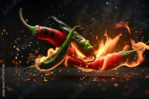 Red Chili Peppers on Fire with Fiery Sparks and Smoke