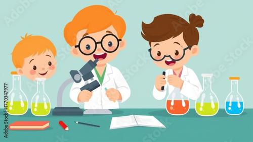 Young female and male scientist with flask in a cartoon vector illustration showing science and chemistry fun