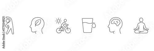Healthy Lifestyle line icon set. Wellness and fitness related line icons. Exercise, hydration, mental health, healthy and habits. Vector illustration.