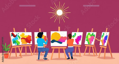 Vector cartoon illustration of a happy family shopping for fashion items and gifts on a beach