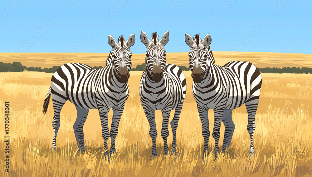 Fototapeta premium Three zebras standing in a field of dry grass in cartoon style