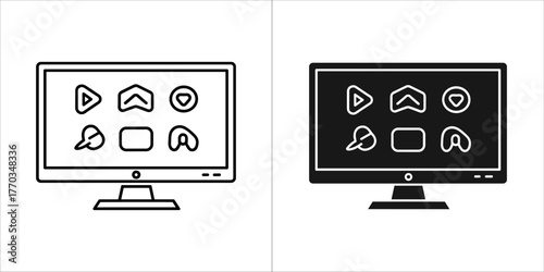 Two icons of a computer monitor displaying media playback icons, one outline and one solid black