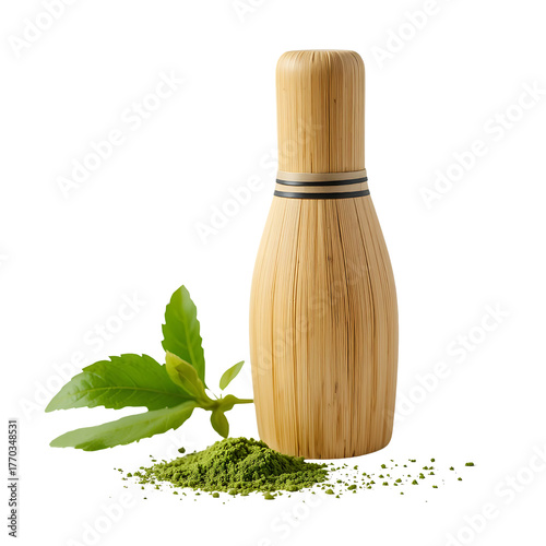 Bamboo Matcha Whisk with Green Tea Leaf Isolated on Transparent Background.