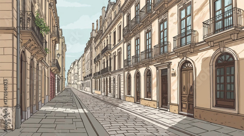 Historic European street with cobblestone roads, vintage facades, balconies, soft pastel color, hand-drawn vector style copy. Ai Generate