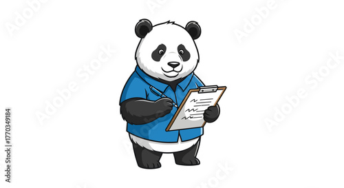 Friendly panda character diligently taking notes on a clipboard, perfect for educational or business concepts