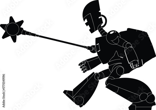 Vector silhouette illustration of humanoid robot with spiked mace in battle stance for futuristic combat concept, action theme, and dynamic design layout