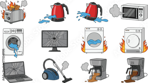 Broken household appliances, cartoon malfunction icons, fire hazard illustrations, leaking machines, cracked screens, safety awareness graphics, damaged electronics, home device failure