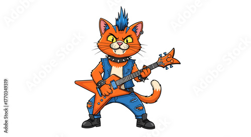Energetic punk rock cat shreds an electric guitar with a wild mohawk and rebellious attitude, ready to electrify any audience