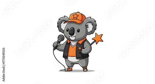 Dynamic koala performer captivates audience with microphone and star wand, radiating confidence and star power in a vibrant, modern style