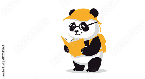 Adorable panda character wearing a cap and glasses reads an open book, inspiring curiosity and learning for educational projects