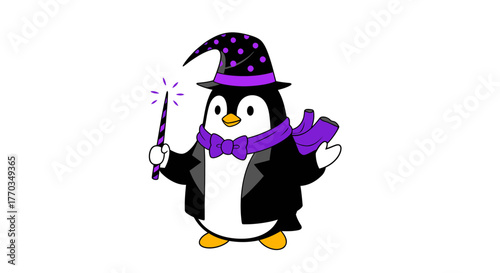 Whimsical penguin wizard conjures magic with a sparkling wand and festive hat, perfect for enchanting holiday designs.