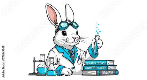 Curious scientist bunny conducting vibrant chemical experiment with bubbling test tube and textbooks, perfect for educational content