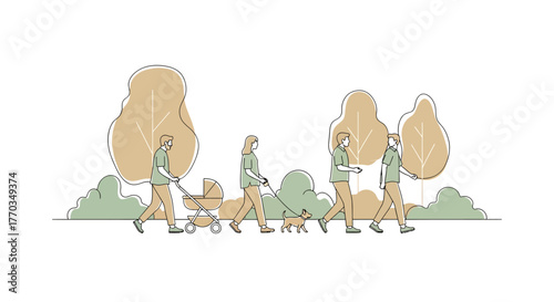 Diverse families enjoy a peaceful stroll through a park with trees and bushes, promoting healthy lifestyle and outdoor activity