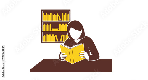 Captivating woman engrossed in reading a bright yellow book amidst a cozy library setting, perfect for educational or lifestyle themes.