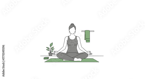 Serene woman finds inner peace meditating on yoga mat in a tranquil minimalist studio, embracing wellness and mindfulness