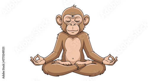 Find inner peace with a meditating monkey in lotus position with closed eyes and third eye, a humorous take on mindfulness and zen relaxation