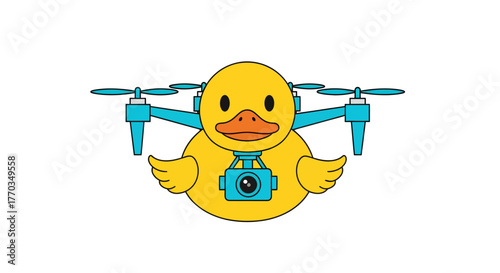 Whimsical cartoon duck piloting a camera drone, perfect for kids' content or lighthearted tech blogs about innovation and fun, a unique and playful concept