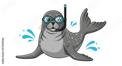 Adorable seal cartoon character wearing a snorkel mask and enjoying a swim, perfect for children's books, summer camp flyers, and ocean conservation campaigns