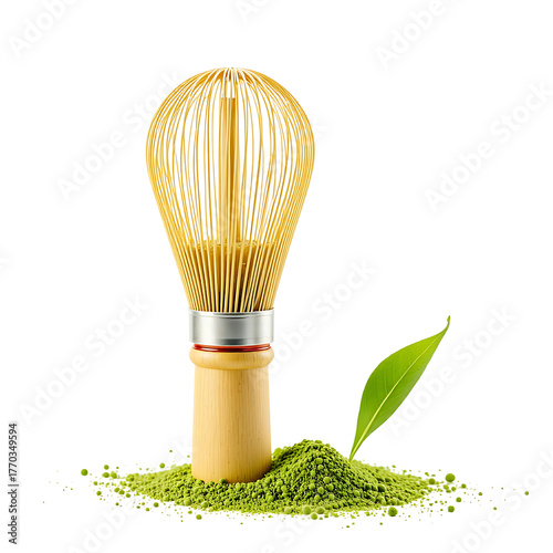  Traditional Japanese Matcha Whisk and Fresh Green Leaf PNG Isolated Object