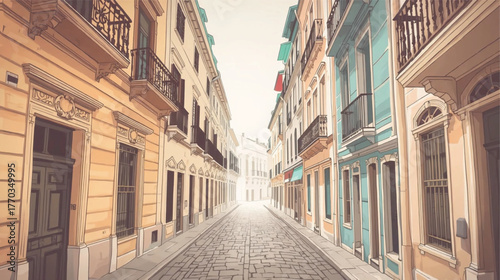 Historic European Street with Cobblestone Roads and Vintage Facades,