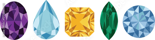 Gemstone collection, colorful crystal cuts, jewelry design elements, faceted stones, precious gems, vibrant shapes, luxury sparkle, elegant texture, polished beauty