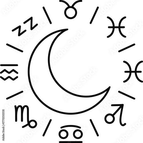 Crescent Moon Surrounded by Zodiac Symbols and Lines