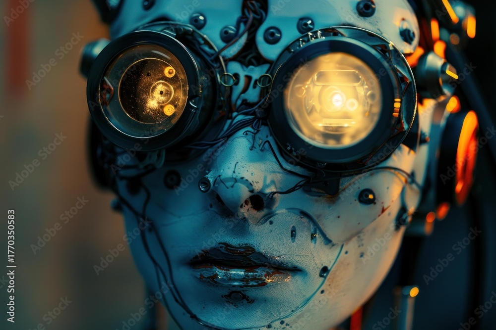 Fototapeta premium Close up of a futuristic robot face, highlighting glowing lenses and intricate wiring, conveying advanced technology and artificial intelligence