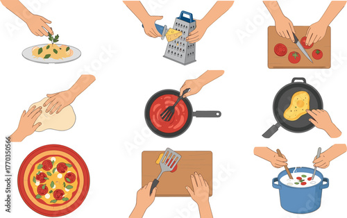 Hands preparing delicious homemade Italian pizza, cooking ingredients, kitchen, making dough, grating cheese, cutting tomatoes, baking, food preparation  family dinner, step by step,