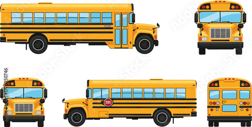 School bus illustration, cartoon vehicle views, transportation icon set, yellow bus graphics, front side rear angles, educational transport design