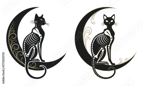 Mysterious skeleton cat sitting on crescent moon silhouette halloween gothic art