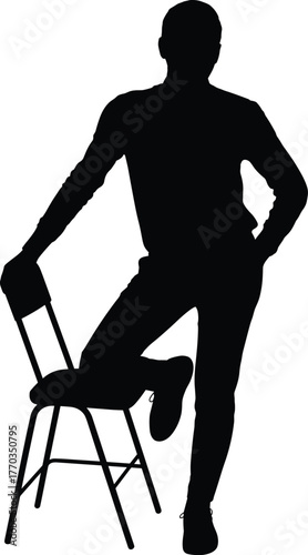 Vector silhouette illustration of person leaning on folding chair in dynamic pose for posture concept, balance theme, and gesture design layout