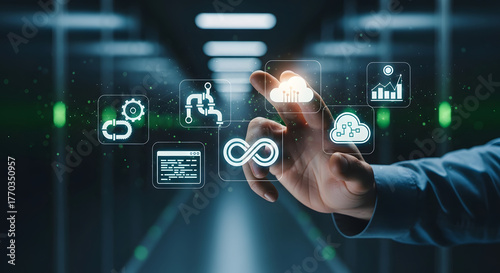 A realistic DevOps concept background featuring professional technology icons such as cloud computing, gears, coding, and automation symbols.
