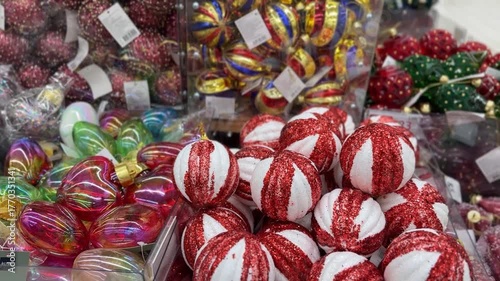 Christmas ornaments in various colors arranged together for holiday decoration background