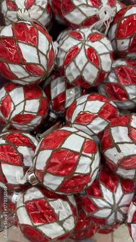 Christmas ornaments with red and white mosaic pattern for festive decoration backgrounds