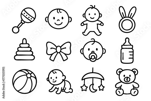 Baby and baby toys icon set in doodle style vector illustration