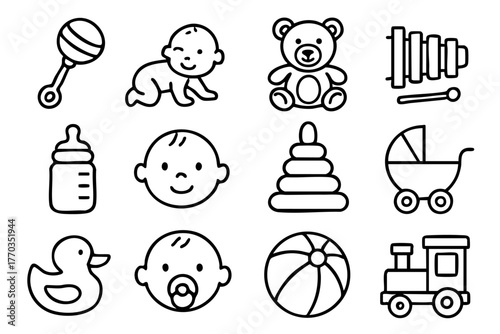 Baby and baby toys icon set in doodle style vector illustration