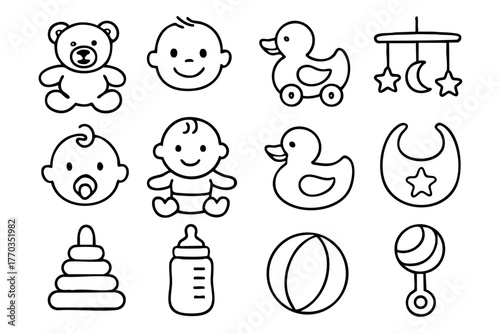 Baby and baby toys icon set in doodle style vector illustration