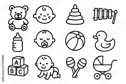 Baby and baby toys icon set in doodle style vector illustration